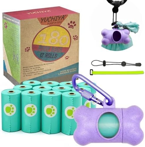 Dog Poop Bags Holder Dispenser with Leak-Proof Scented Doggy Waste Bags and Carabiner Plus Hook and Loop Fastener Never Loose on Leash Lead Again (Purple, 1 Holder 195 Bags)