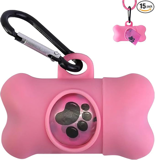 Dog Poop Bags Dispenser with Carabiner Clip, Doggy Poop Bag Holders for Leashes Include 1 Roll (15 Bags) Leak-Proof Large Lavender Scented Doggie Pet Waste Bags, Dog Accessories Girl, Pink