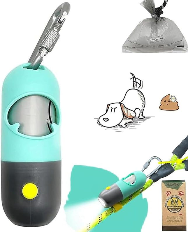 Dog Poop Bag Holder Dispenser with LED Flashlight - Night Visibility for Safe Evening Walks | Upgraded Hands-Free Leash Clip | Includes 15 Dog Waste Bags(Green)