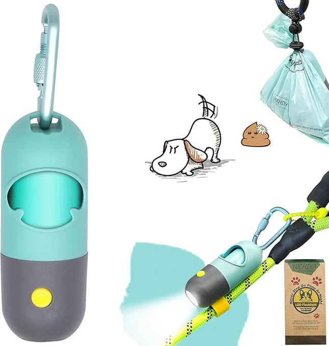 Dog Poop Bag Holder Dispenser with LED Flashlight - Night Visibility for Safe Evening Walks | Upgraded Hands-Free Leash Clip | Includes 15 Dog Waste Bags(Crystal Blue)