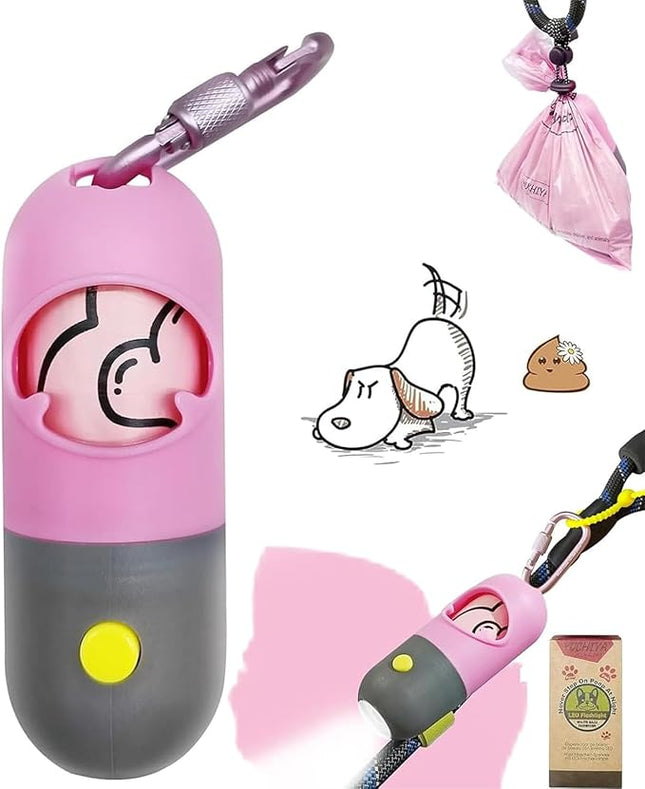 Dog Poop Bag Holder Dispenser with LED Flashlight - Night Visibility for Safe Evening Walks | Upgraded Hands-Free Leash Clip | Includes 15 Dog Waste Bags (Pink)