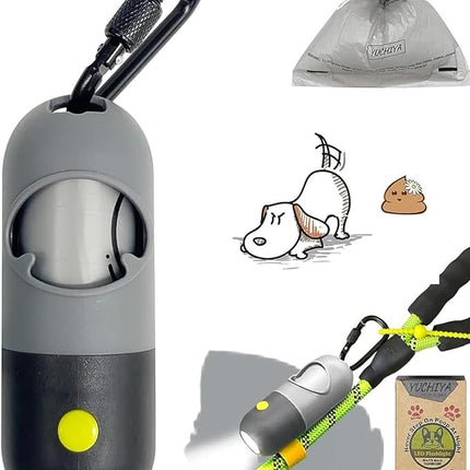 Dog Poop Bag Holder Dispenser with LED Flashlight - Night Visibility for Safe Evening Walks | Upgraded Hands-Free Leash Clip | Includes 15 Dog Waste Bags(Gray)