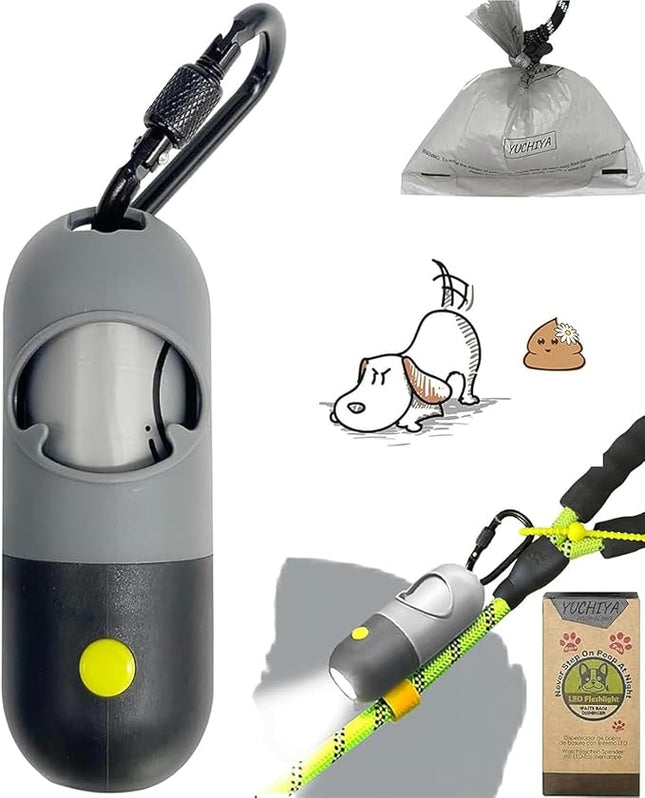 Dog Poop Bag Holder Dispenser with LED Flashlight - Night Visibility for Safe Evening Walks | Upgraded Hands-Free Leash Clip | Includes 15 Dog Waste Bags(Gray)