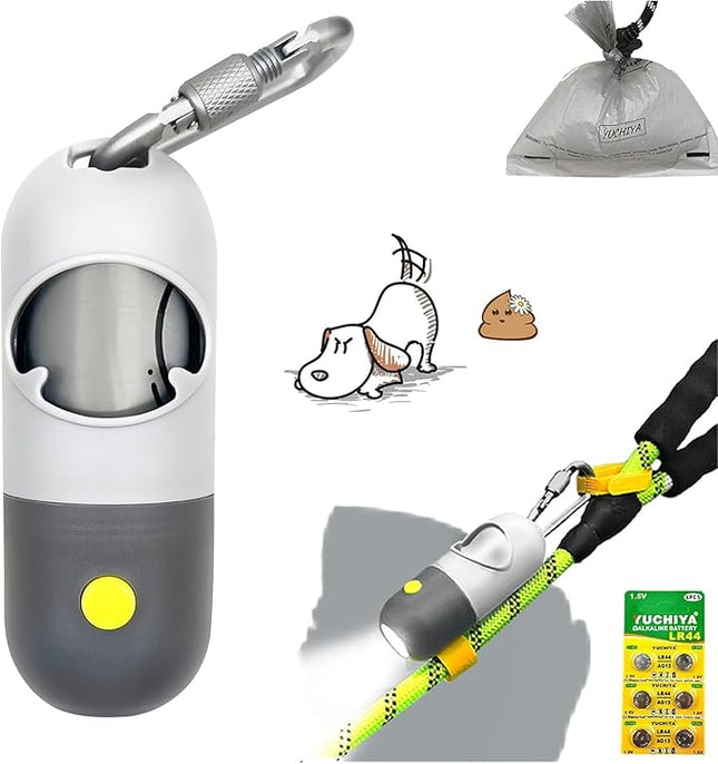 Dog Poop Bags Holder with LED Flashlight|Pet Waste Bags Dispenser for Leash|Doggie Potty Bags Container with Leak-proof Pet Trash Bags and Accessories (Light Gray, 1 Holder 15 Bags)