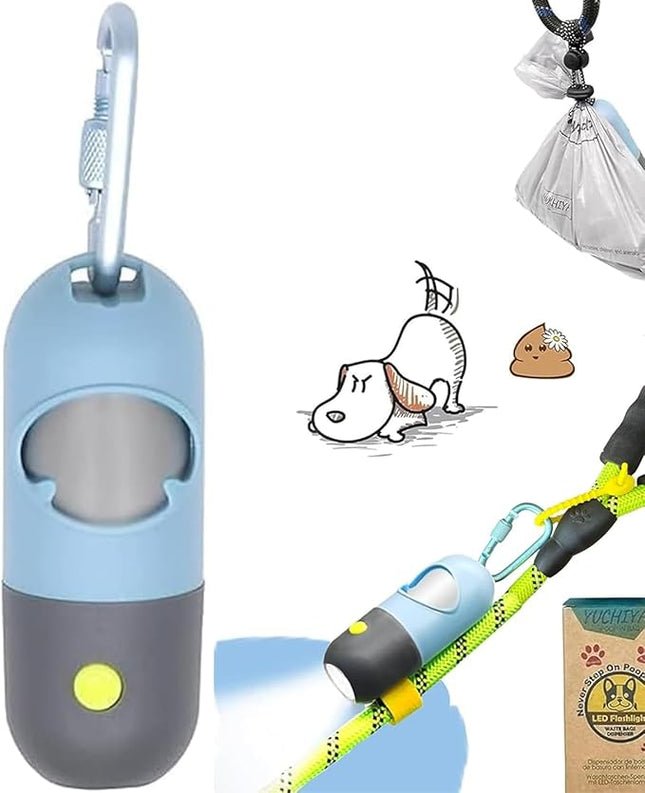 Dog Poop Bag Holder Dispenser with LED Flashlight - Night Visibility for Safe Evening Walks | Upgraded Hands-Free Leash Clip | Includes 15 Dog Waste Bags(Blue)