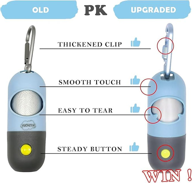 Dog Poop Bags Holder with LED Flashlight|Pet Waste Bags Dispenser for Leash|Doggie Potty Bags Container with Leak-proof Pet Trash Bags and Accessories (1 Holder 195 Bags, Sky Blue)