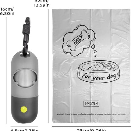 Dog Poop Bag Holder Dispenser with LED Flashlight - Night Visibility for Safe Evening Walks | Upgraded Hands-Free Leash Clip | Includes 15 Dog Waste Bags(Gray)