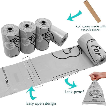 Dog Poop Bag Holder Dispenser with LED Flashlight - Night Visibility for Safe Evening Walks | Upgraded Hands-Free Leash Clip | Includes 15 Dog Waste Bags(Gray)
