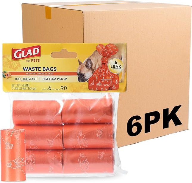 Glad for Pets Large Dog Waste Bags, Scented, Tear-Resistant, 36 Rolls Total - Heavy Duty Dog Poop Bags for Fast and Easy Animal Waste Cleanup - 6 Rolls Per Pack - 6 Pack
