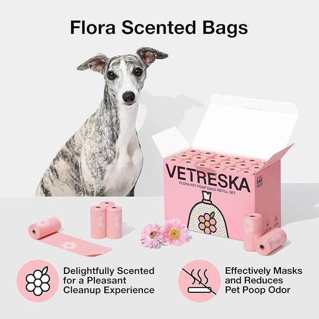 VETRESKA Lavender Scented Dog Poop Bags, Leak Proof, Extra Thick and Large Pet Waste Bags for Dog Walking and Cat Litter, 36 Refill Rolls, 540 Bags, Pink