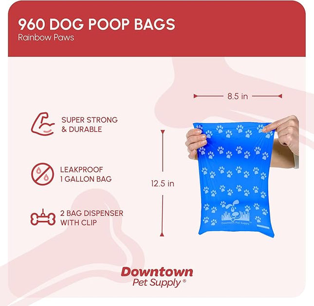 Downtown Pet Supply Poop Bags for Dogs with Dispenser, 960 Count - Leak-Proof Dog Waste Bags and Bone-Shaped Dog Poop Bags Holder for Leash - Rainbow with Paw Prints, 12.5" x 8.5"