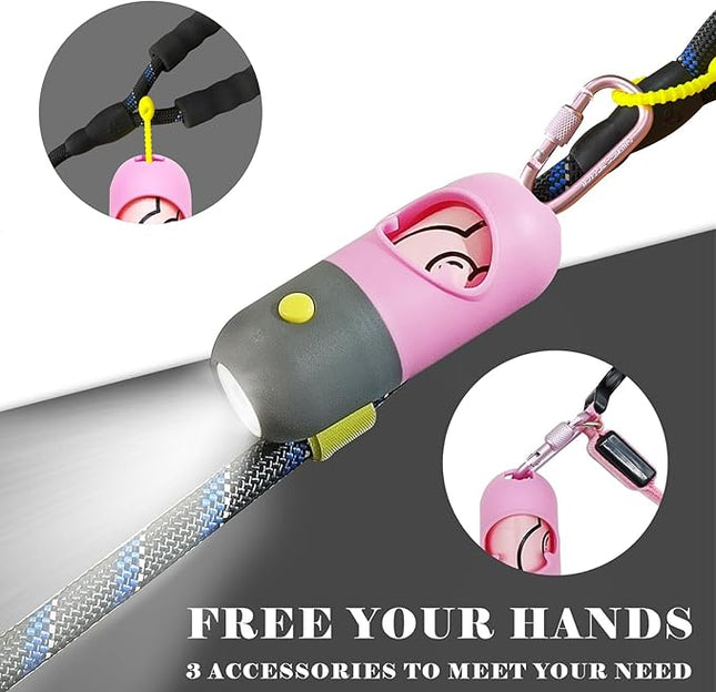 Dog Poop Bag Holder Dispenser with LED Flashlight - Night Visibility for Safe Evening Walks | Upgraded Hands-Free Leash Clip | Includes 15 Dog Waste Bags (Pink)
