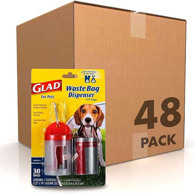 Glad for Pets Extra Large Unscented Dog Waste Bags with Dispenser and Metal Clip - Plastic Disposable Heavy Duty Poop Bags for Dogs, Easy to Use for Dog Walking (Pack of 48, 1440 Count Total)