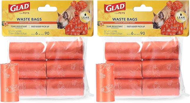 Glad for Pets Large Dog Waste Bags, Scented, Tear-Resistant, 6 Rolls | Heavy Duty Poop Bags for Fast and Easy Waste Cleanup | 6 Rolls, 90 Bags Total (Pack of 2)