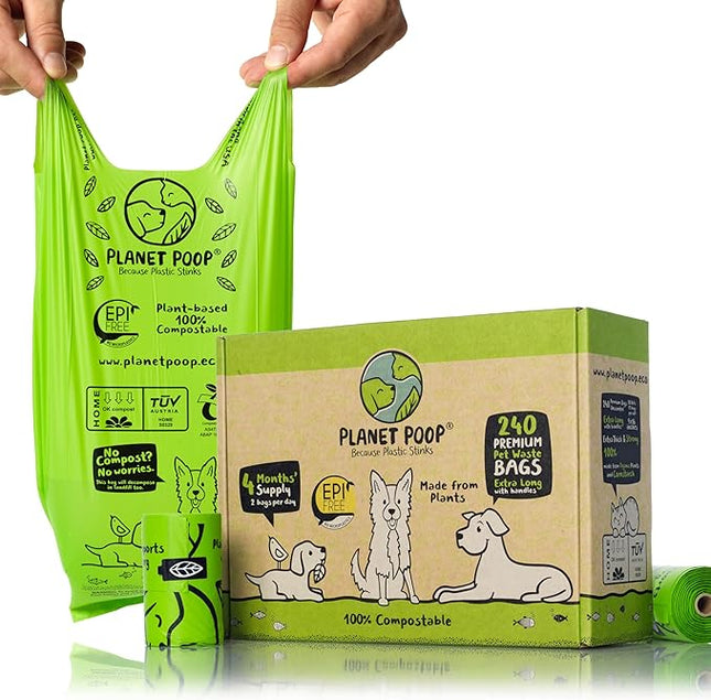 PLANET POOP Home Compostable Dog Poop Bags Extra-long with Handles 240 Un-Scented Pet Waste Bags Plastic Free, Thick Leakproof Plant-Based Doggy Bag, Cats & Dogs Pet Supplies