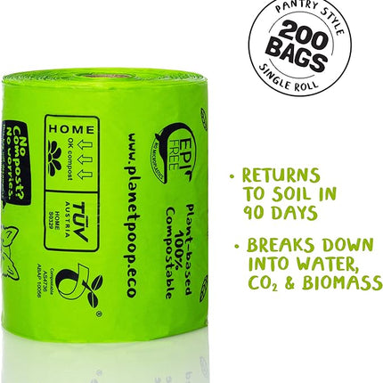 PLANET POOP Home Compostable Dog Poop Bags Extra Long with Handles | Large Single Roll 200 Grab & Go | Un-scented Dog Waste Bag | Leakproof Doggy & Cat Bags | Plant-Based Pet Supplies