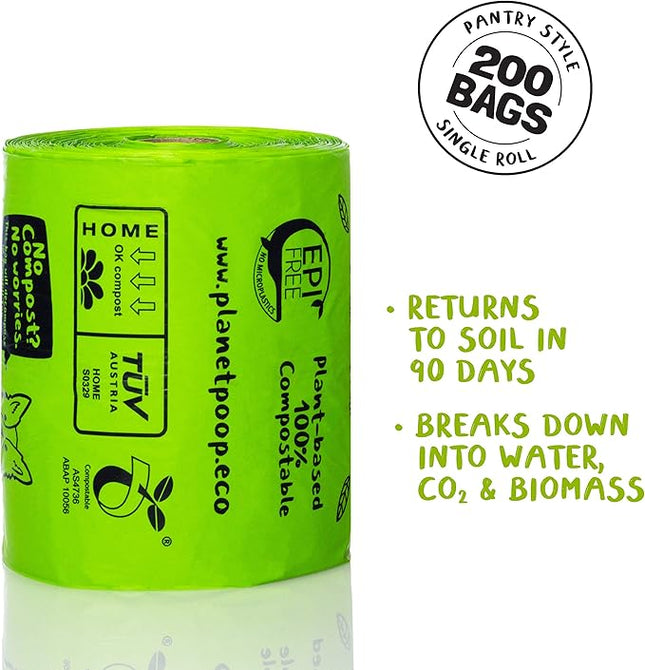 PLANET POOP Home Compostable Dog Poop Bags Extra Long with Handles | Large Single Roll 200 Grab & Go | Un-scented Dog Waste Bag | Leakproof Doggy & Cat Bags | Plant-Based Pet Supplies