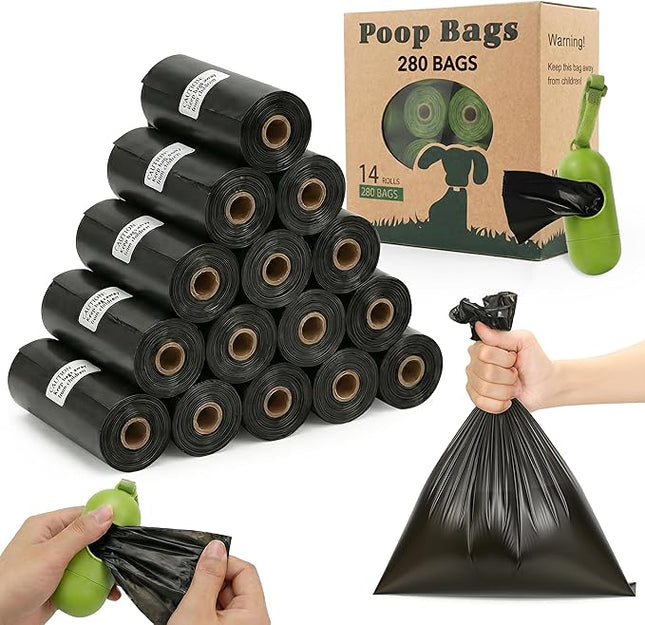 Dog Poop Bags Rolls Refill: TVOOD 280 Count Unscented Doggie Poop Bags with Dispenser Leak Proof and Thick Poo Bag for Pet Waste (Black)