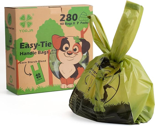 YORJA Tie Handles Dog Poop Bags, 280 Pet Waste Bags with OK BIOBASED Certificate, Thick and Strong 100% Leak-Proof Easy Tie Up Doggy Bags (Green)