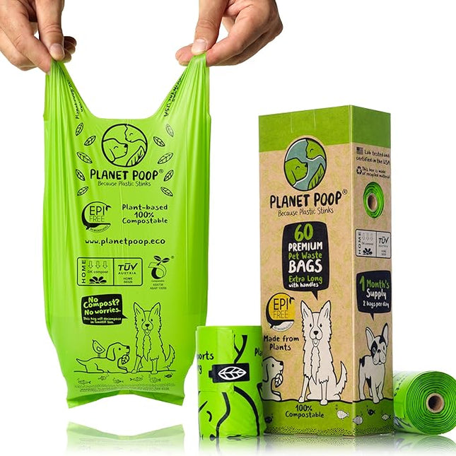 PLANET POOP Home Compostable Dog Poop Bags Extra-Long with Handles 60 Un-Scented Pet Waste Bags Plastic Free, Thick Leakproof Plant-Based Doggy Bag, Cats & Dogs Pet Supplies