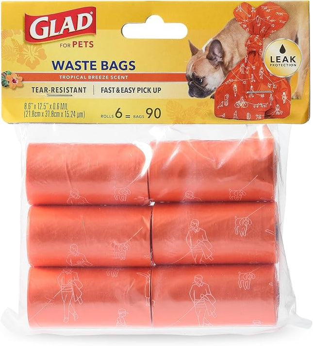 Glad for Pets Heavy Duty Dog Poop Bags - Scented Pet Waste Bag Rolls for Large Dogs & Puppy Supplies, Tear-Resistant Doggie Bags for Waste Cleanup - 6 Rolls, 90 Count