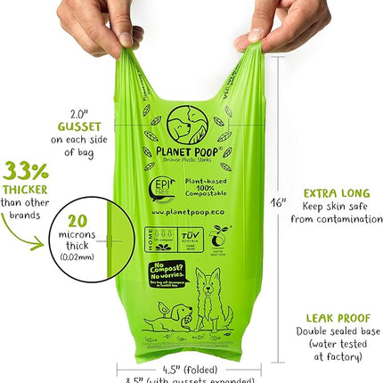 PLANET POOP Home Compostable Dog Poop Bags Extra-Long with Handles 60 Un-Scented Pet Waste Bags Plastic Free, Thick Leakproof Plant-Based Doggy Bag, Cats & Dogs Pet Supplies