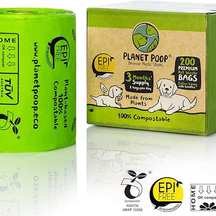 PLANET POOP Home Compostable Dog Poop Bags Extra Long with Handles | Large Single Roll 200 Grab & Go | Un-scented Dog Waste Bag | Leakproof Doggy & Cat Bags | Plant-Based Pet Supplies