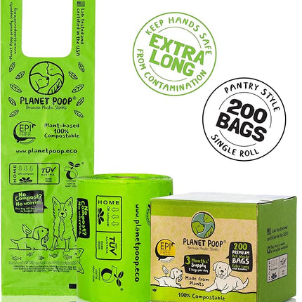 PLANET POOP Home Compostable Dog Poop Bags Extra Long with Handles | Large Single Roll 200 Grab & Go | Un-scented Dog Waste Bag | Leakproof Doggy & Cat Bags | Plant-Based Pet Supplies