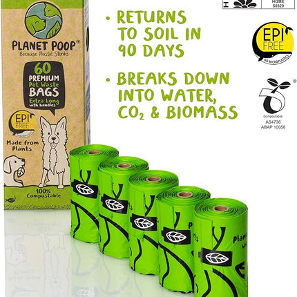 PLANET POOP Home Compostable Dog Poop Bags Extra-Long with Handles 60 Un-Scented Pet Waste Bags Plastic Free, Thick Leakproof Plant-Based Doggy Bag, Cats & Dogs Pet Supplies